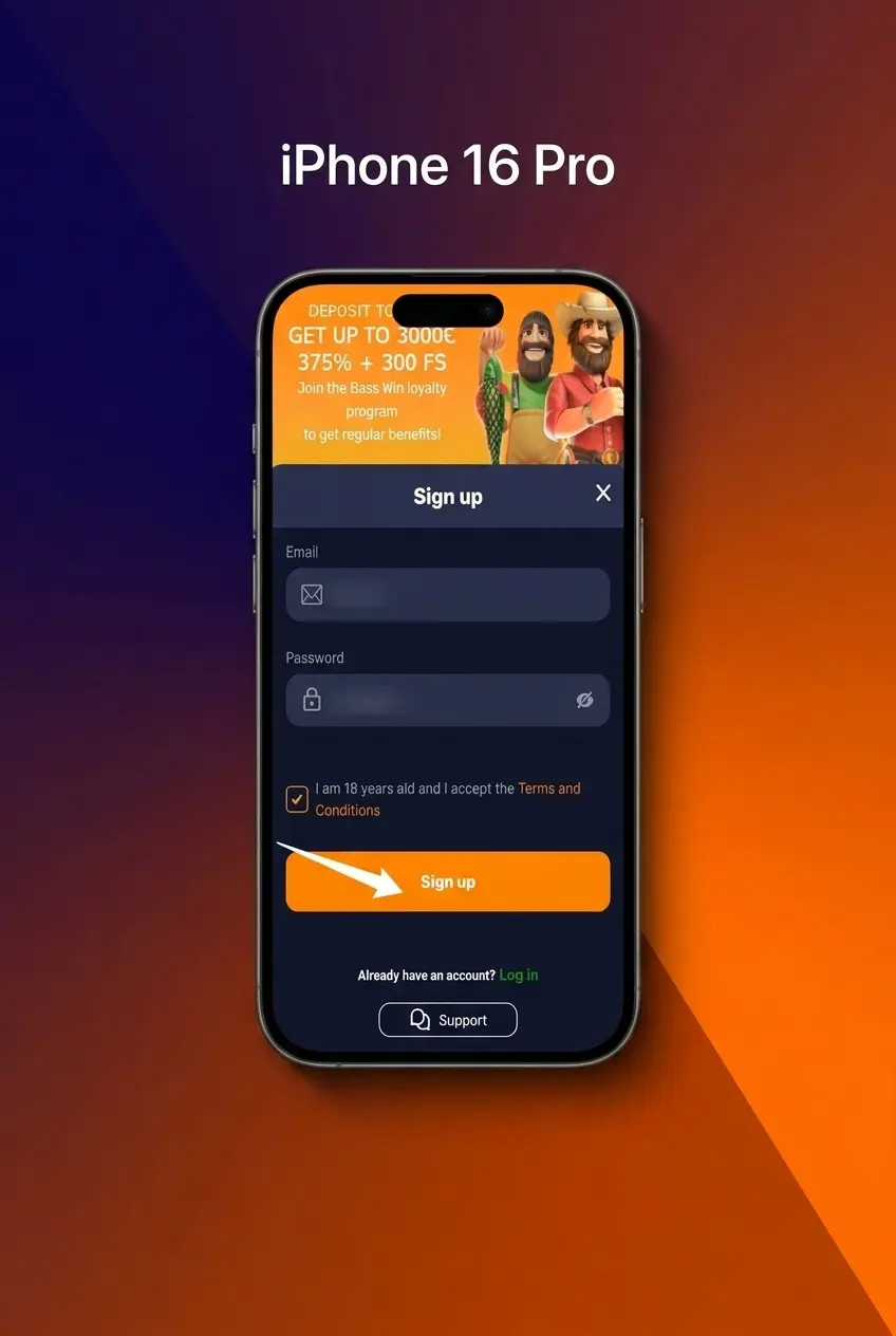 Basswin sign up form displayed on screen showing step-by-step registration process for new players